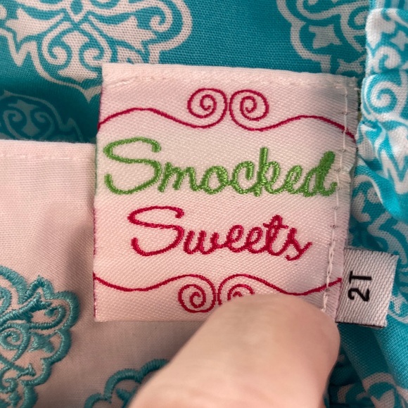 Smocked Sweets 2T Bubble Romper Turquoise Blue White Embroidered Cross - Picture 5 of 11